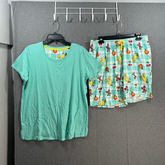 Cuddl Duds Cotton Core Scoop Tee and Shorts Pajama Set Mint/MultiPlaid, Medium - Picture 1 of 10